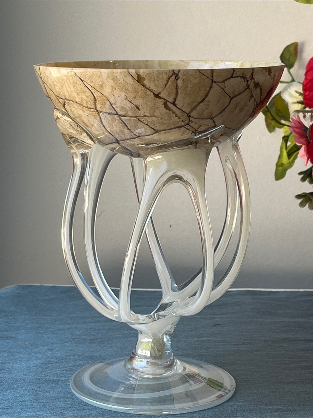 Vintage Jozefina Krosno Art Glass Jellyfish Octopus Pedestal Bowl Poland 7.75”